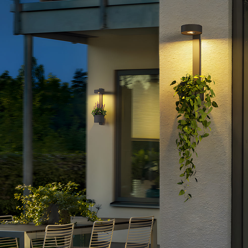 Solar Powered Outdoor Wall Sconce with Integrated Planter Black Stainless Steel LED Exterior Light