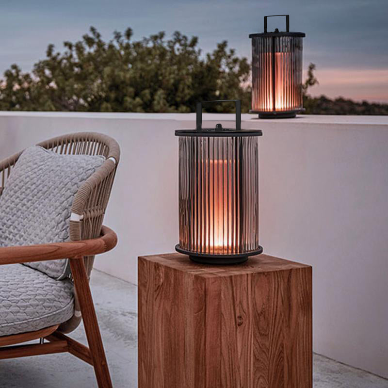Solar Powered Ribbed Glass Cylinder Outdoor Lantern with Stainless Steel Handle