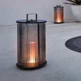 Solar Powered Ribbed Glass Cylinder Outdoor Lantern with Stainless Steel Handle