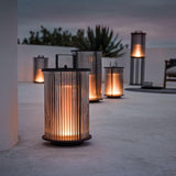 Solar Powered Ribbed Glass Cylinder Outdoor Lantern with Stainless Steel Handle