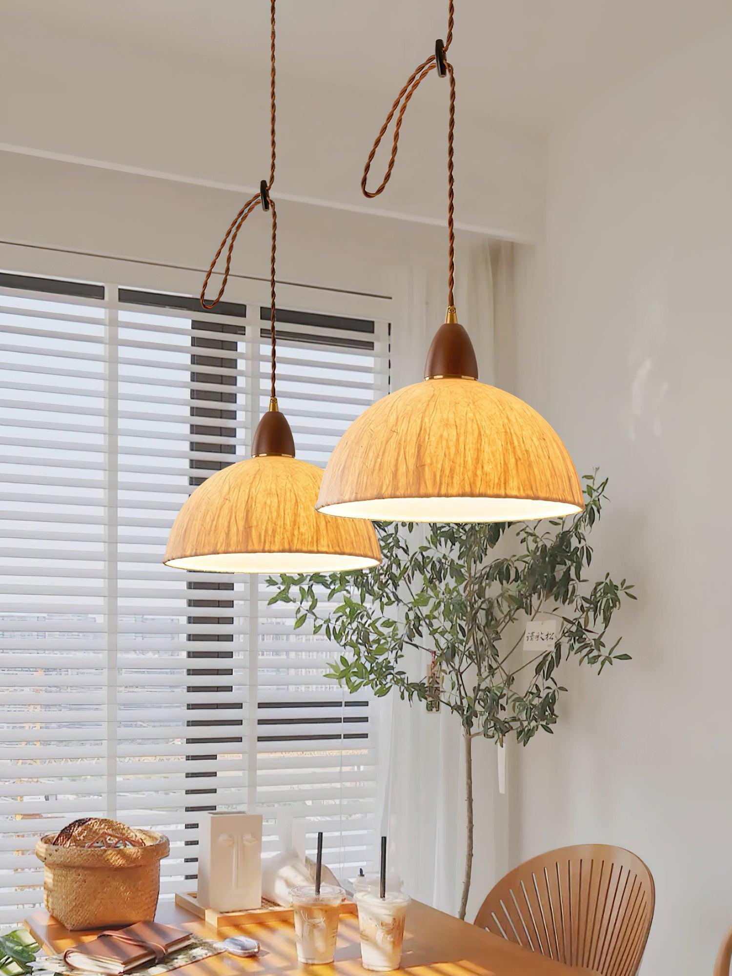 Soren Japanese Style Handmade Rice Paper Pendant Light with Minimalist Wood Accents