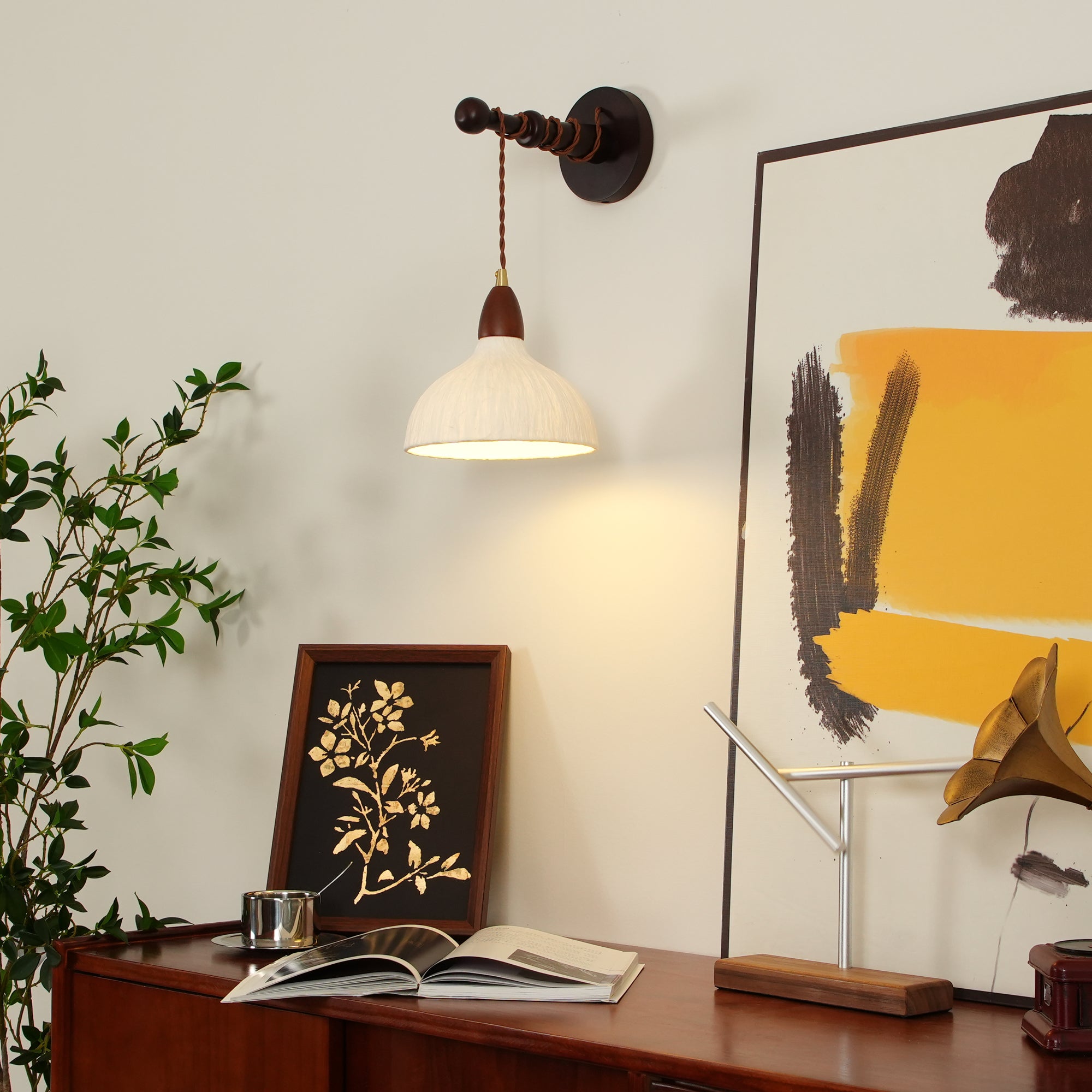 Soren Walnut Wood and Rice Paper Wall Sconce Japanese Minimalist Indoor Light Fixture