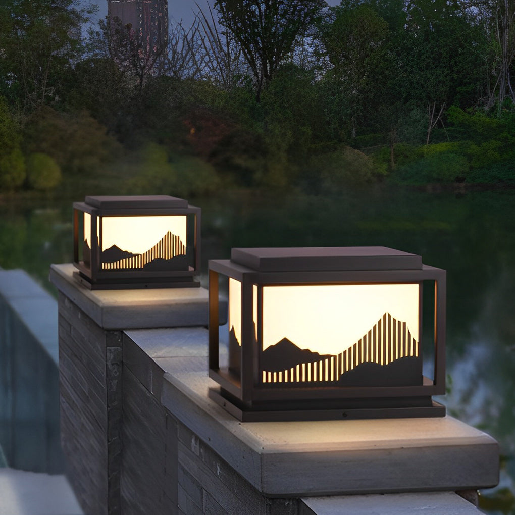 Square Waterproof Mountain Scenery Outdoor Post Cap Light for Garden Fence and Deck