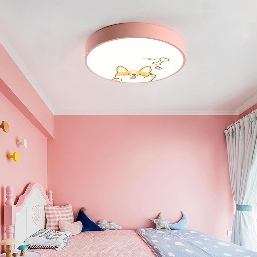 Cute Dog Pattern LED Flush Mount Ceiling Light Circular Metal Drum Fixture for Kids Bedroom