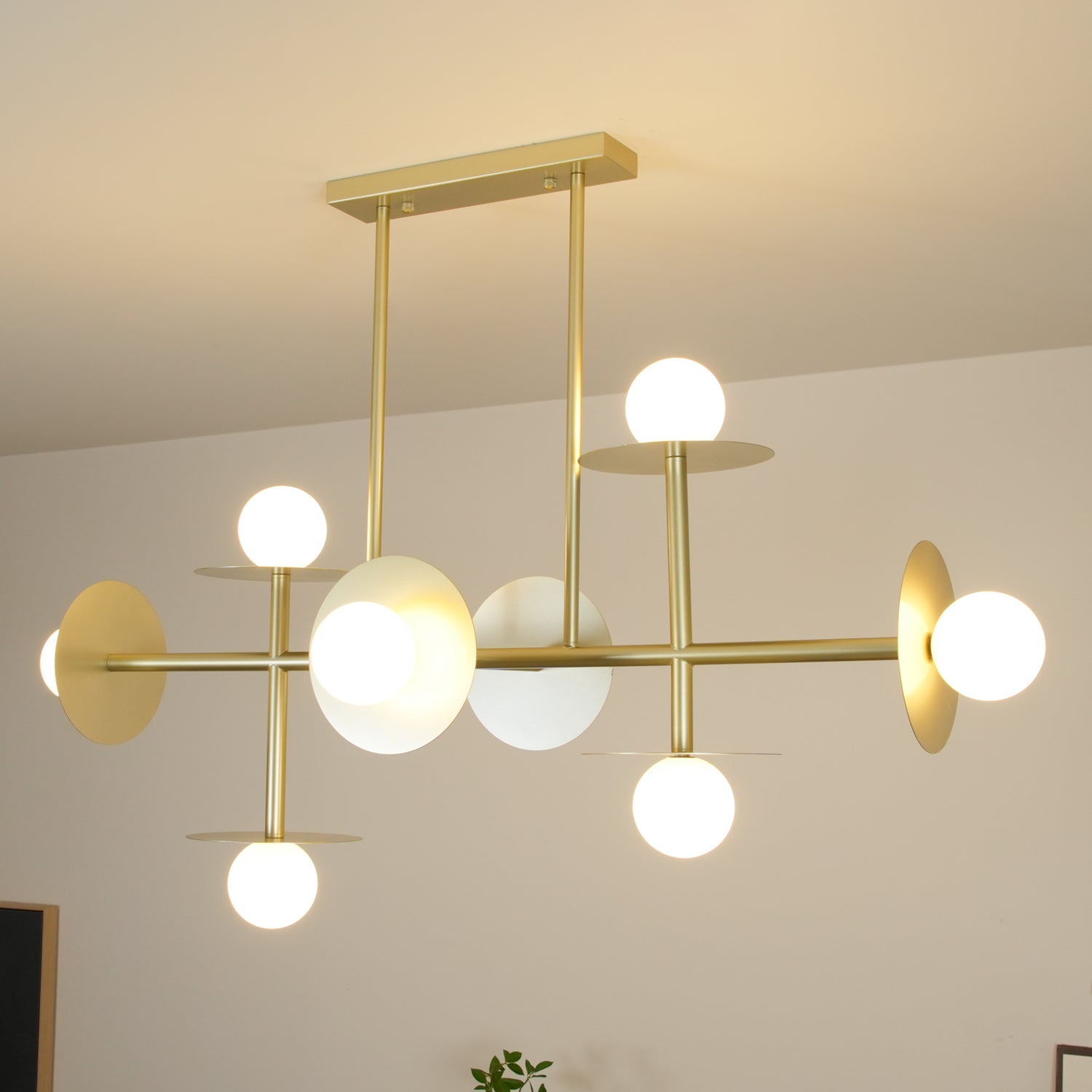 Strada Modern Starburst Chandelier with White Glass Globes and Metal Frame