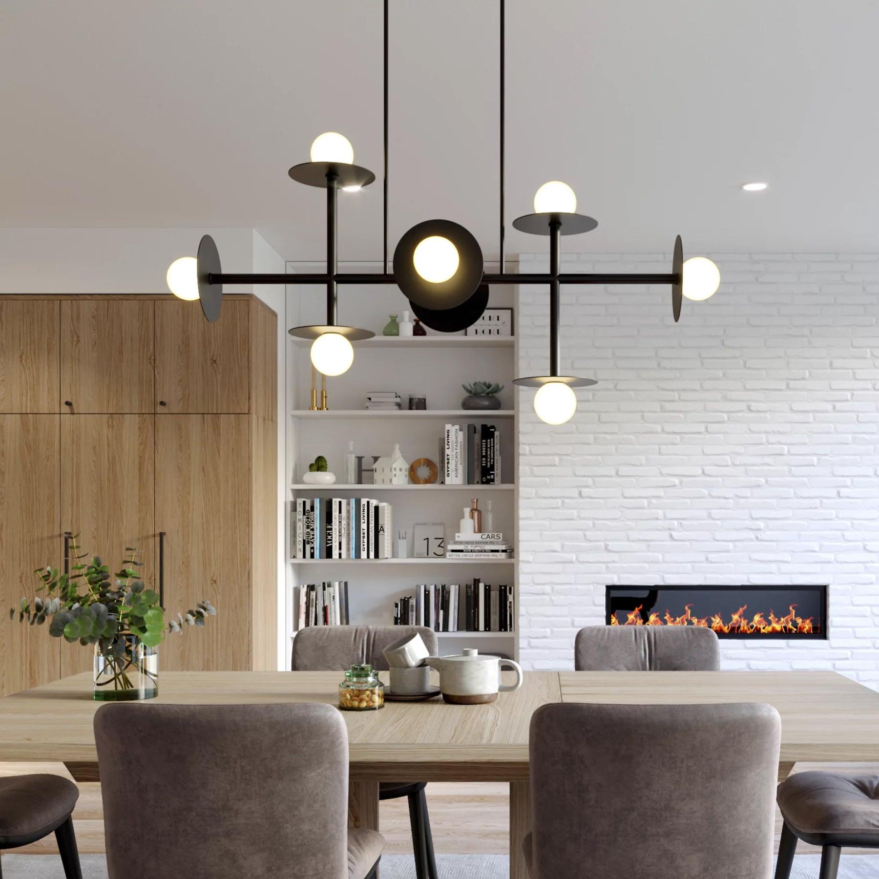 Strada Modern Starburst Chandelier with White Glass Globes and Metal Frame