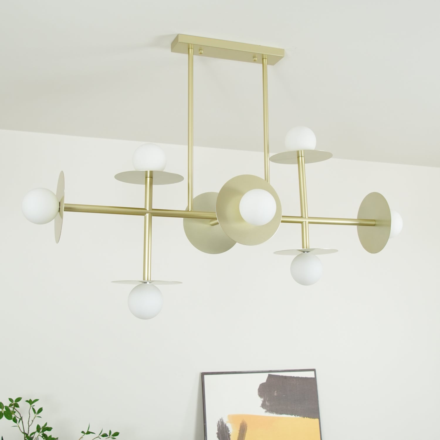 Strada Modern Starburst Chandelier with White Glass Globes and Metal Frame