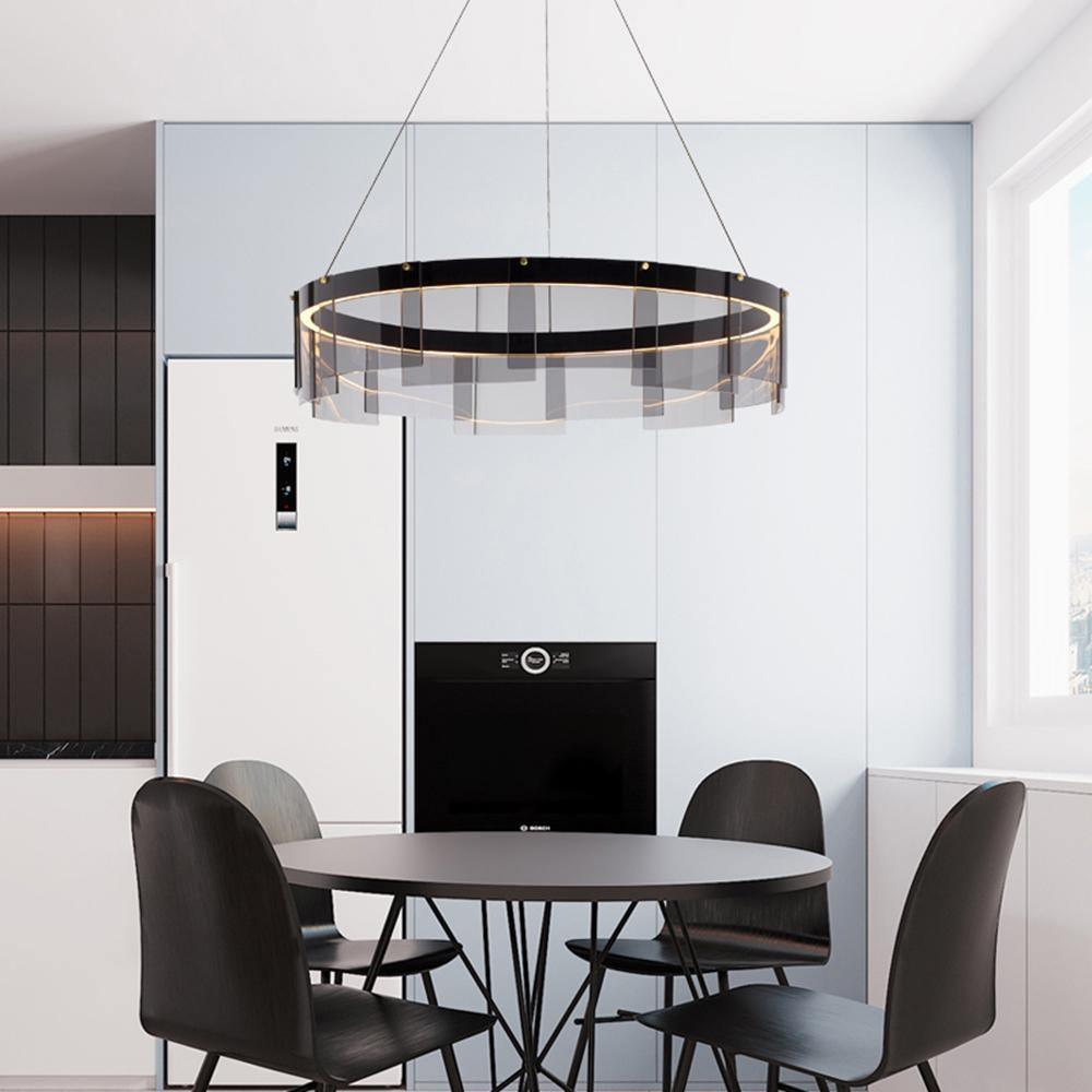 Stratos Modern LED Glass Ceiling Chandelier with Curved Panes for Luxury Dining Spaces