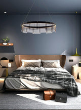 Stratos Modern LED Glass Ceiling Chandelier with Curved Panes for Luxury Dining Spaces