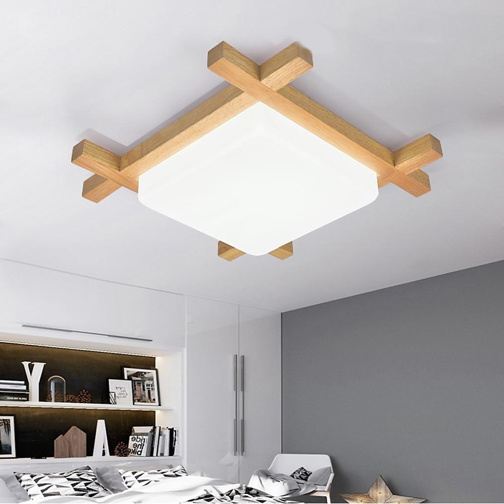 Square Natural Wood LED Flush Mount Ceiling Light Dimmable Modern Nordic Fixture for Home