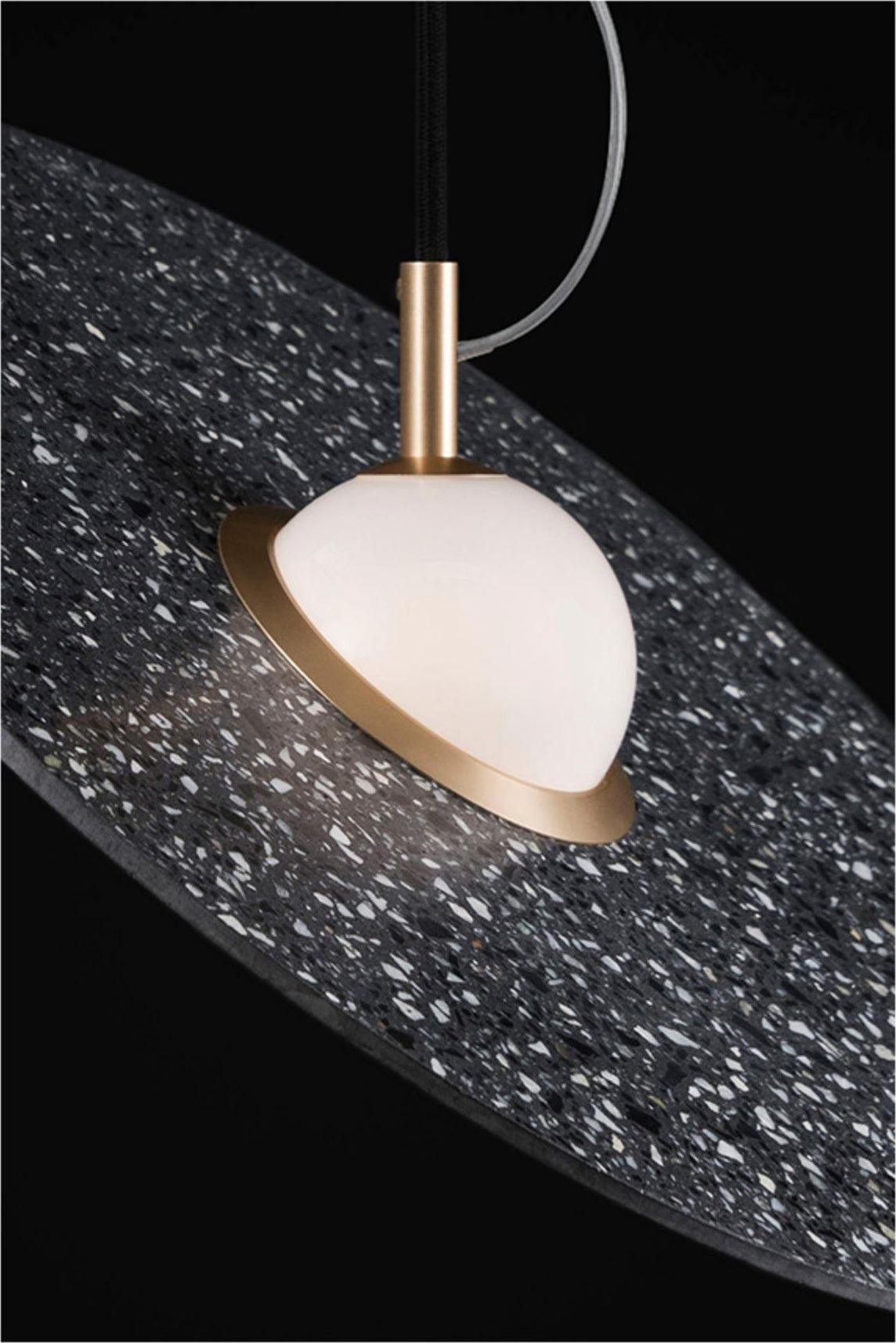 Terrazzo and Brass Planet Pendant Light with Opaque Glass Globe for Modern Interiors