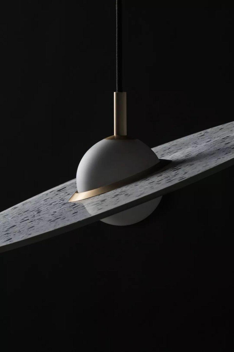 Terrazzo and Brass Planet Pendant Light with Opaque Glass Globe for Modern Interiors
