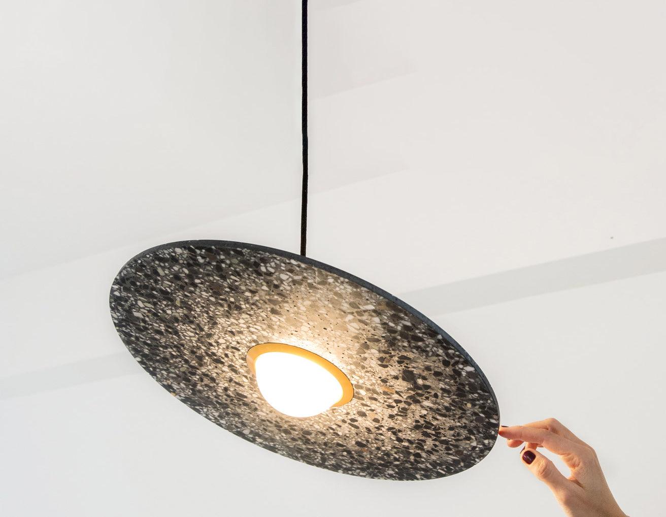 Terrazzo and Brass Planet Pendant Light with Opaque Glass Globe for Modern Interiors