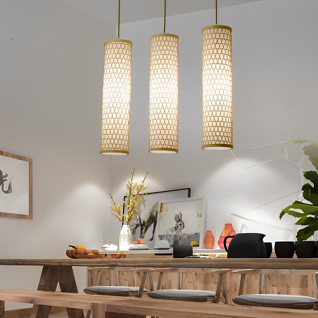 Three Light Bamboo Cylinder Pendant Light Cluster for Farmhouse Kitchen Island Linear and Staggered