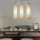 Three Light Bamboo Cylinder Pendant Light Cluster for Farmhouse Kitchen Island Linear and Staggered
