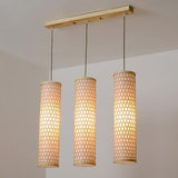 Three Light Bamboo Cylinder Pendant Light Cluster for Farmhouse Kitchen Island Linear and Staggered