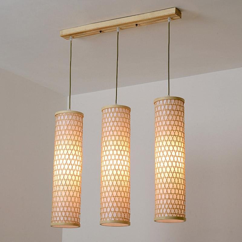 Three Light Bamboo Cylinder Pendant Light Cluster for Farmhouse Kitchen Island Linear and Staggered