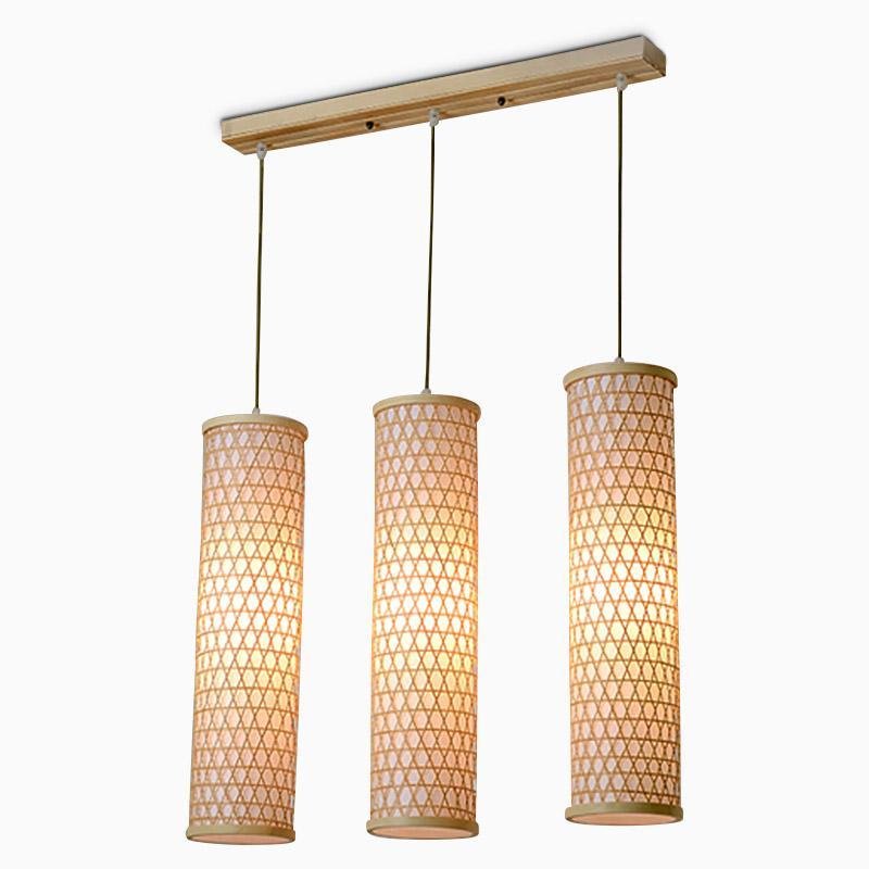 Three Light Bamboo Cylinder Pendant Light Cluster for Farmhouse Kitchen Island Linear and Staggered
