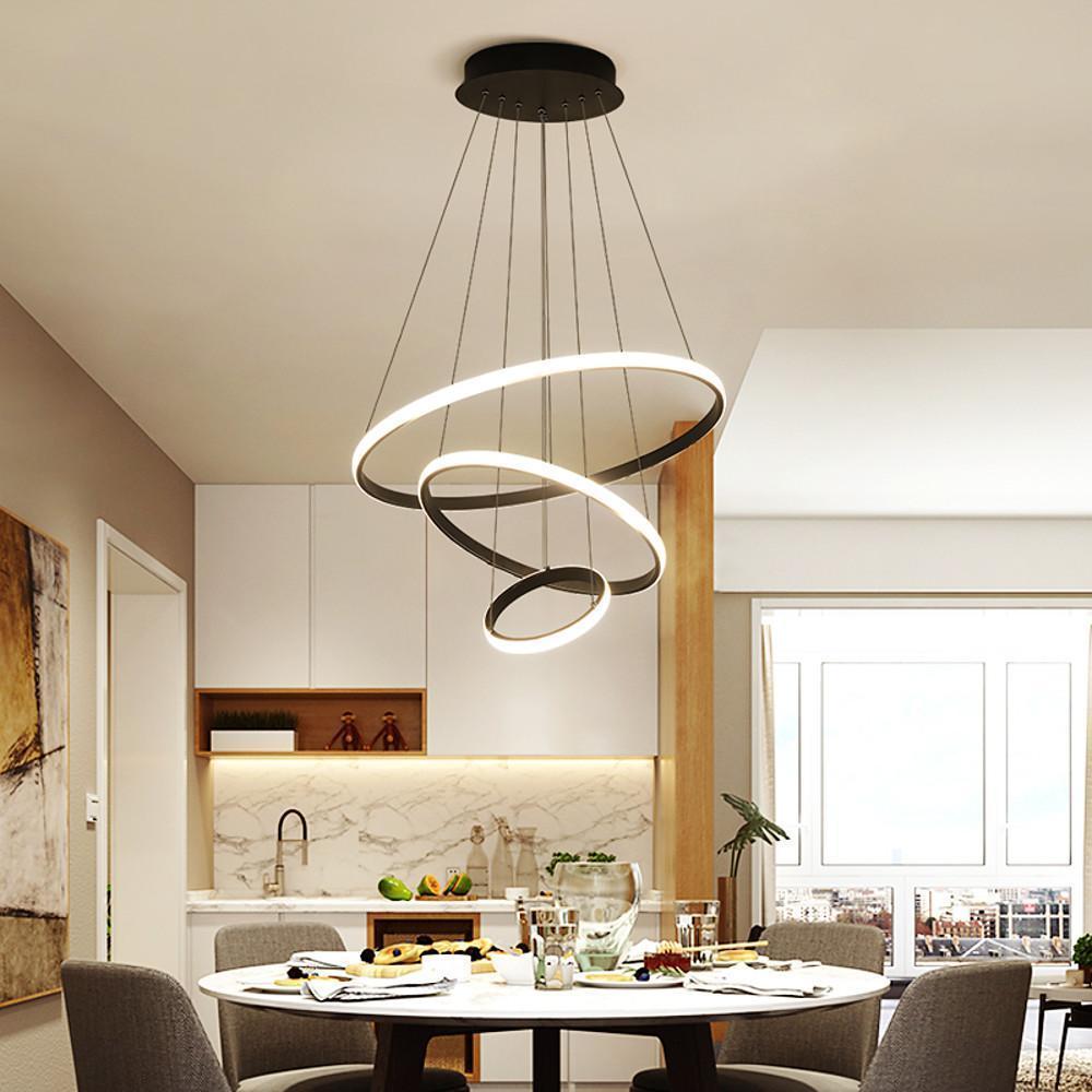 Three Ring Adjustable Modern LED Chandelier Dimmable Black Circle Pendant Light Fixture