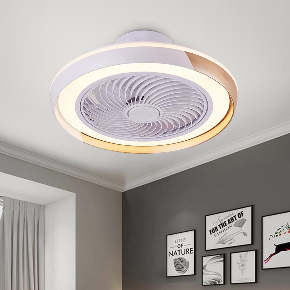 Modern White Flush Mount Bladeless Ceiling Fan with Dimmable LED Light for Low Ceilings