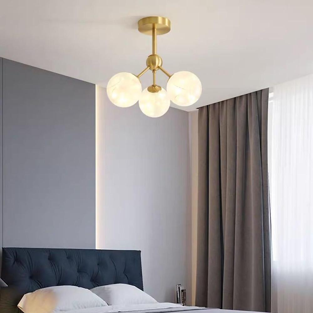 Modern Three Globe Copper and Glass Semi Flush Mount Ceiling Light LED Fixture for Bedroom