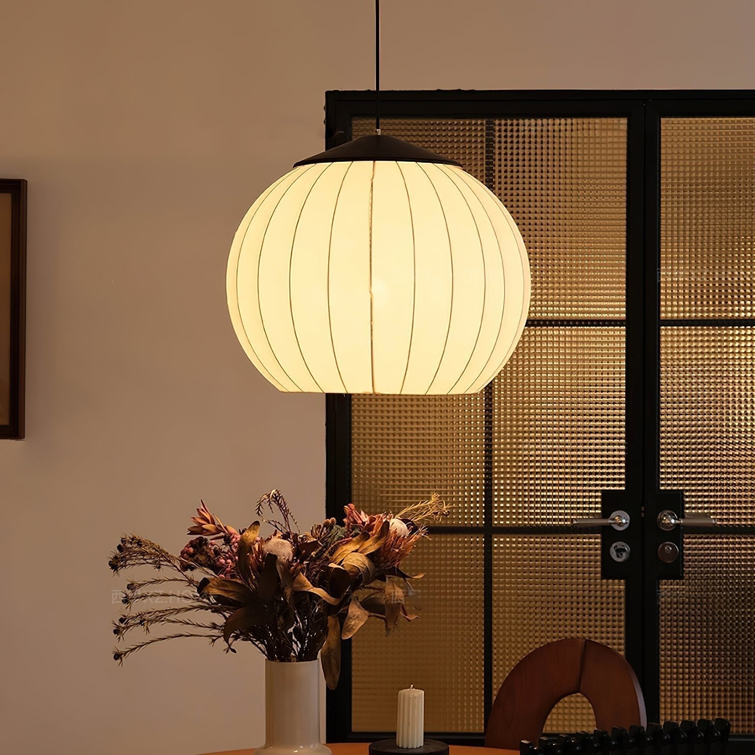 Traditional Spherical Fabric Lantern Pendant Light with Walnut and Gold Accents
