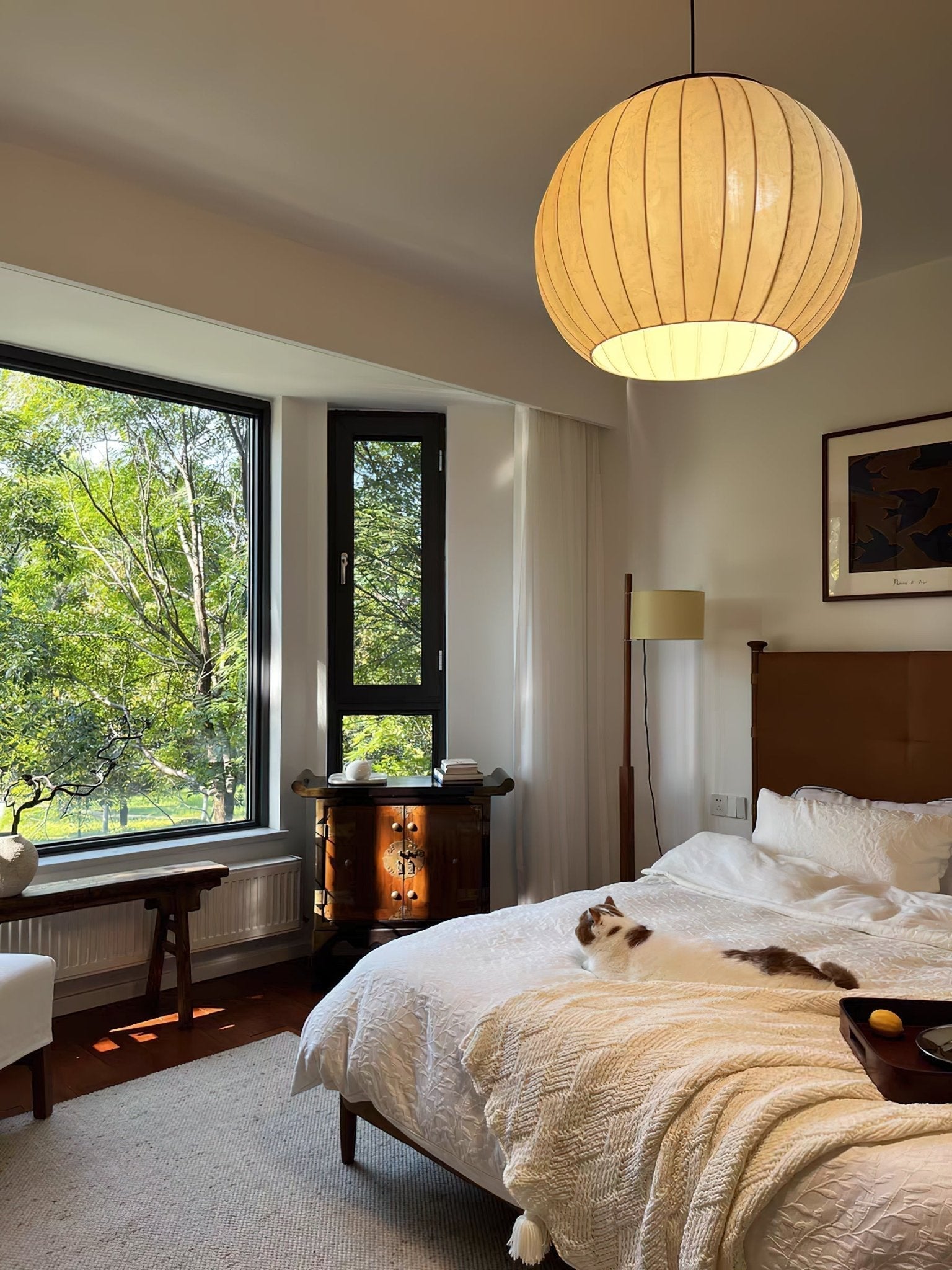Traditional Spherical Fabric Lantern Pendant Light with Walnut and Gold Accents