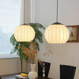 Traditional Spherical Fabric Lantern Pendant Light with Walnut and Gold Accents