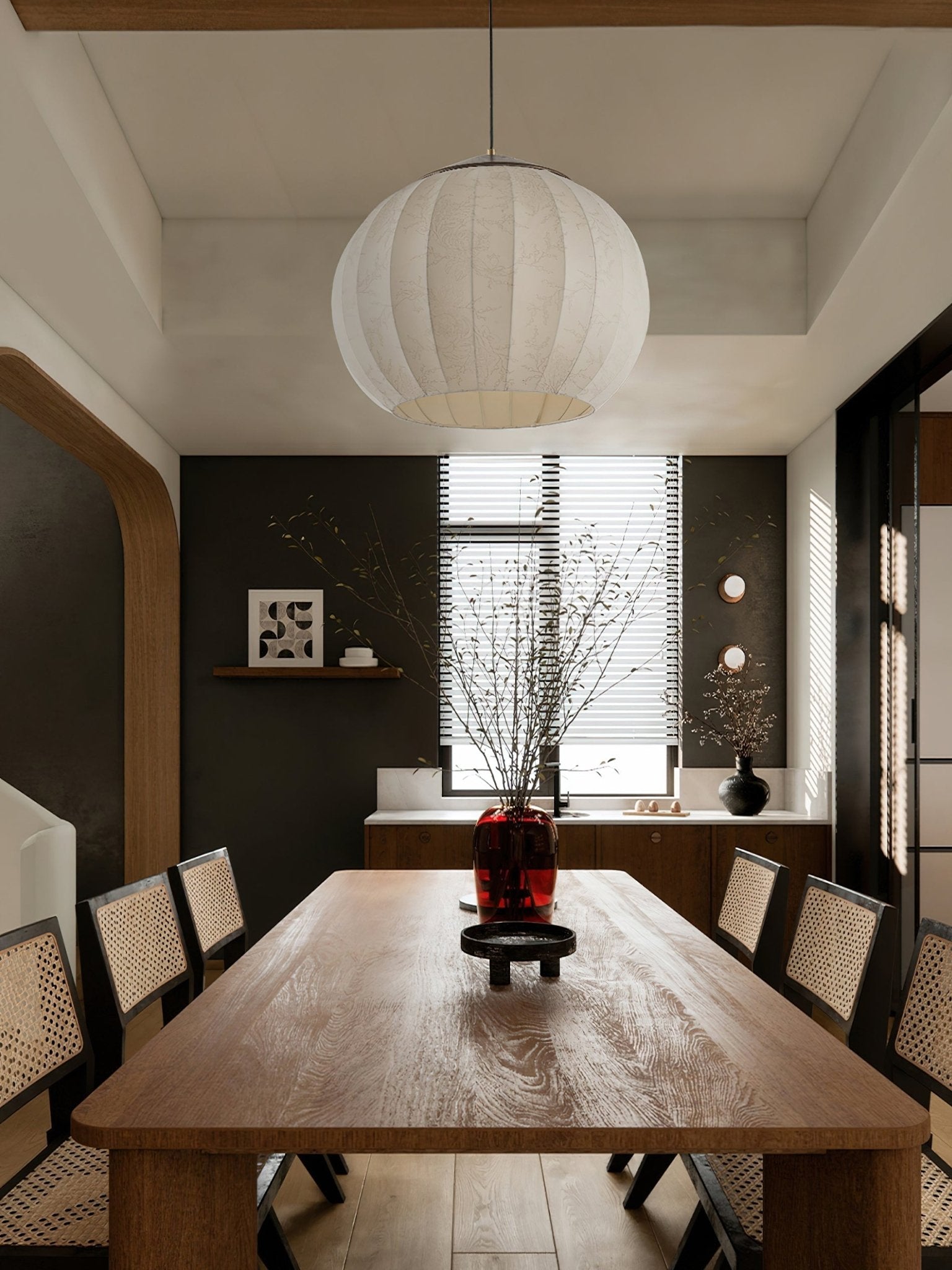 Traditional Spherical Fabric Lantern Pendant Light with Walnut and Gold Accents