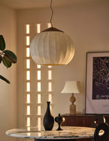 Traditional Spherical Fabric Lantern Pendant Light with Walnut and Gold Accents