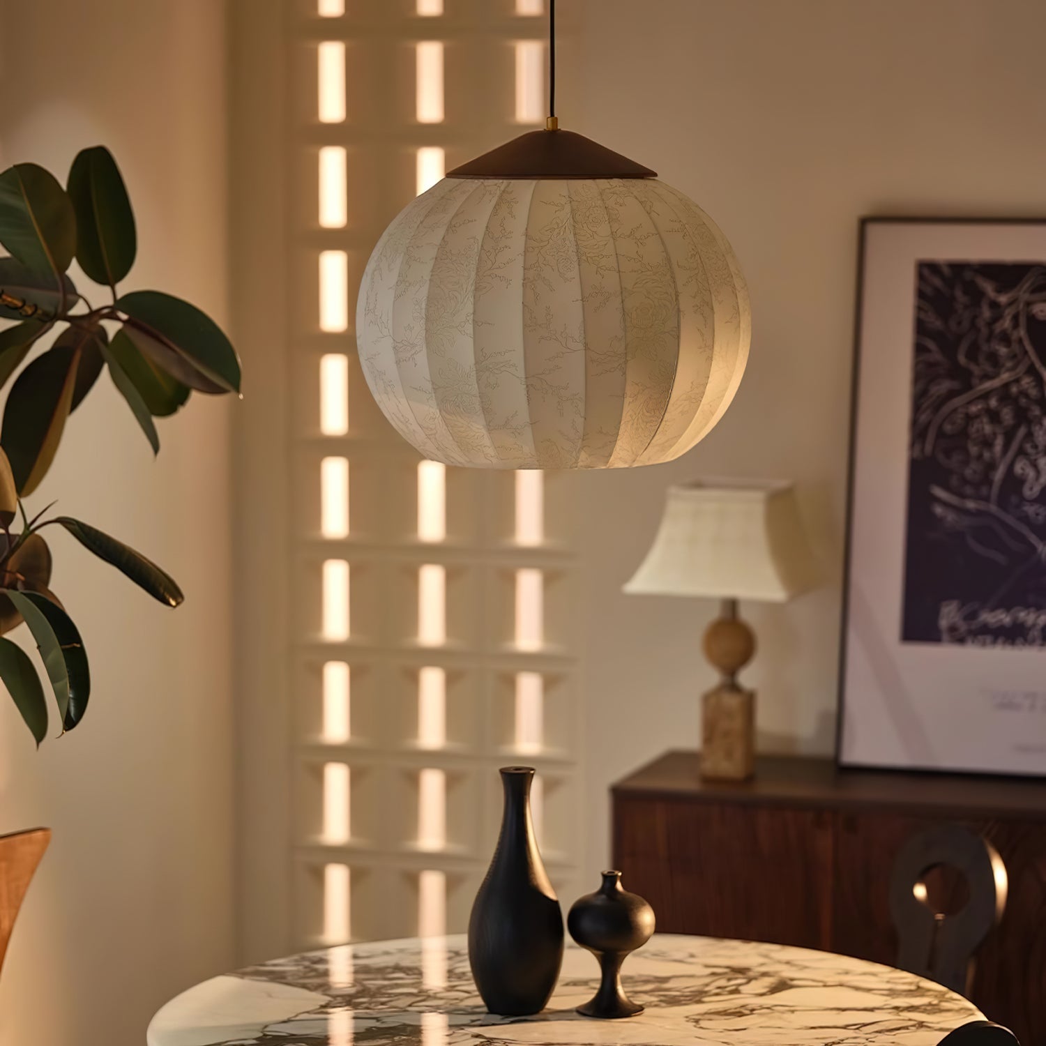 Traditional Spherical Fabric Lantern Pendant Light with Walnut and Gold Accents