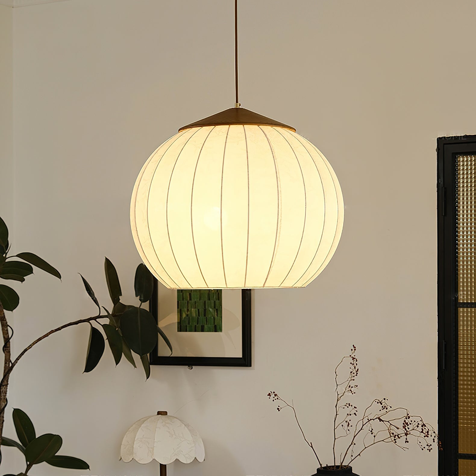 Traditional Spherical Fabric Lantern Pendant Light with Walnut and Gold Accents
