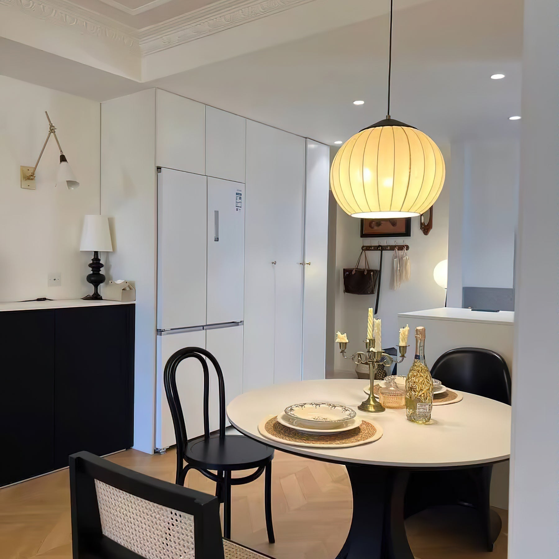 Traditional Spherical Fabric Lantern Pendant Light with Walnut and Gold Accents