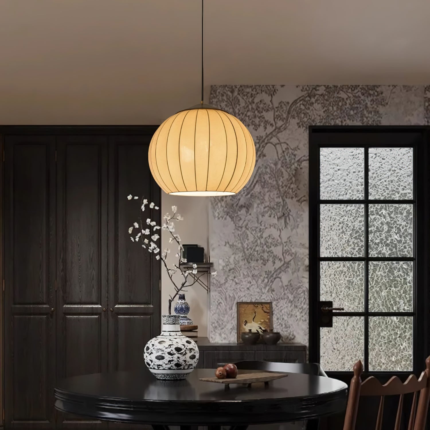 Traditional Spherical Fabric Lantern Pendant Light with Walnut and Gold Accents