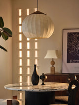 Traditional Spherical Fabric Lantern Pendant Light with Walnut and Gold Accents