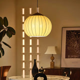 Traditional Spherical Fabric Lantern Pendant Light with Walnut and Gold Accents