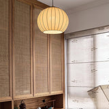 Traditional Spherical Fabric Lantern Pendant Light with Walnut and Gold Accents