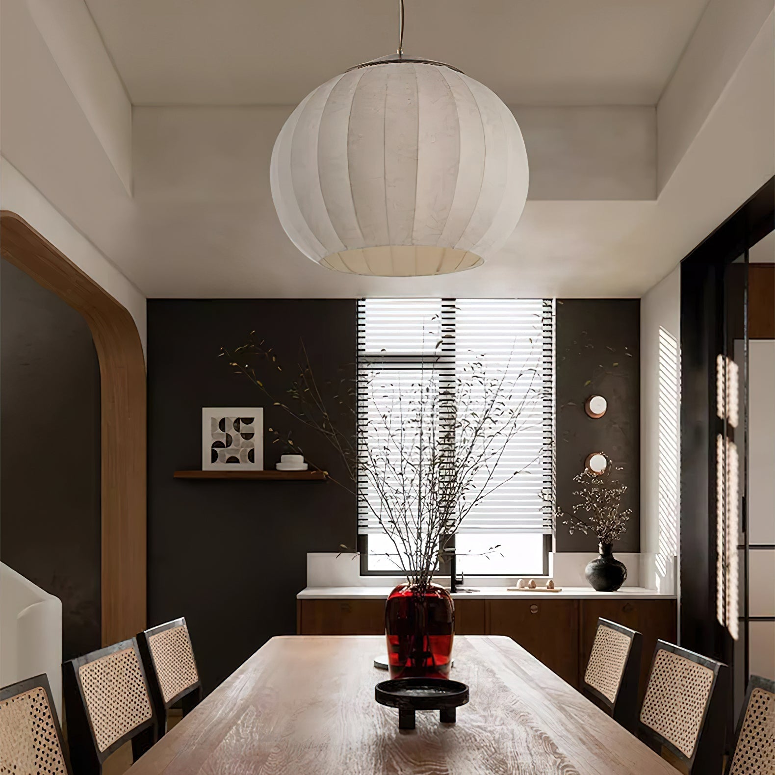 Traditional Spherical Fabric Lantern Pendant Light with Walnut and Gold Accents