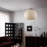 Traditional Spherical Fabric Lantern Pendant Light with Walnut and Gold Accents