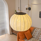 Traditional Spherical Fabric Lantern Pendant Light with Walnut and Gold Accents
