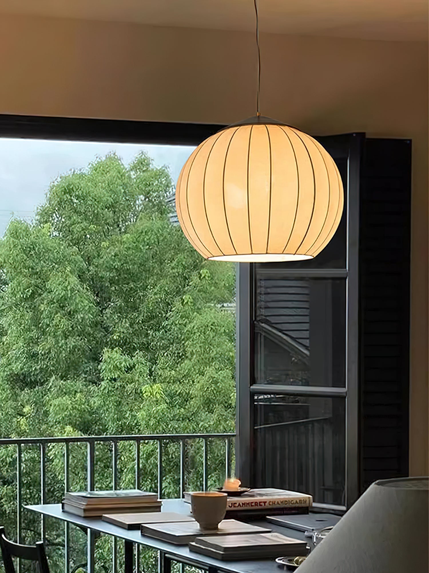 Traditional Spherical Fabric Lantern Pendant Light with Walnut and Gold Accents
