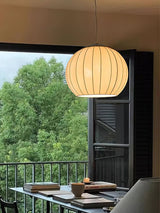 Traditional Spherical Fabric Lantern Pendant Light with Walnut and Gold Accents