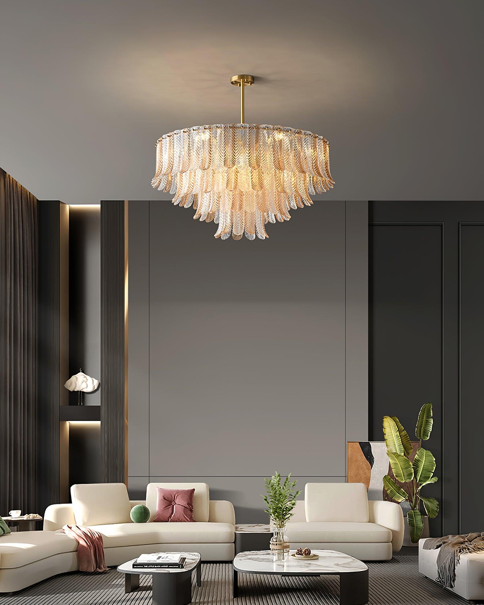 Tribeca Elegant Amber Glass Leaf Chandelier Modern Brass Ceiling Pendant Light