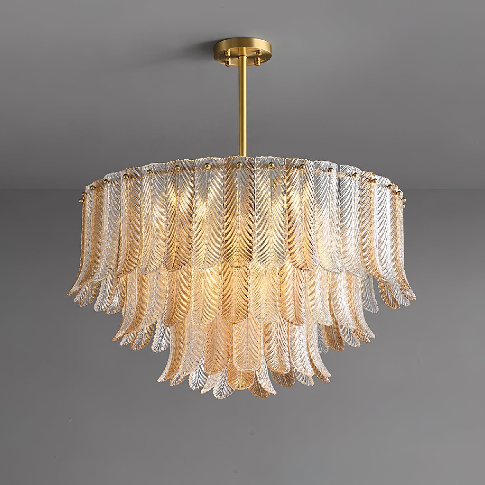 Tribeca Elegant Amber Glass Leaf Chandelier Modern Brass Ceiling Pendant Light