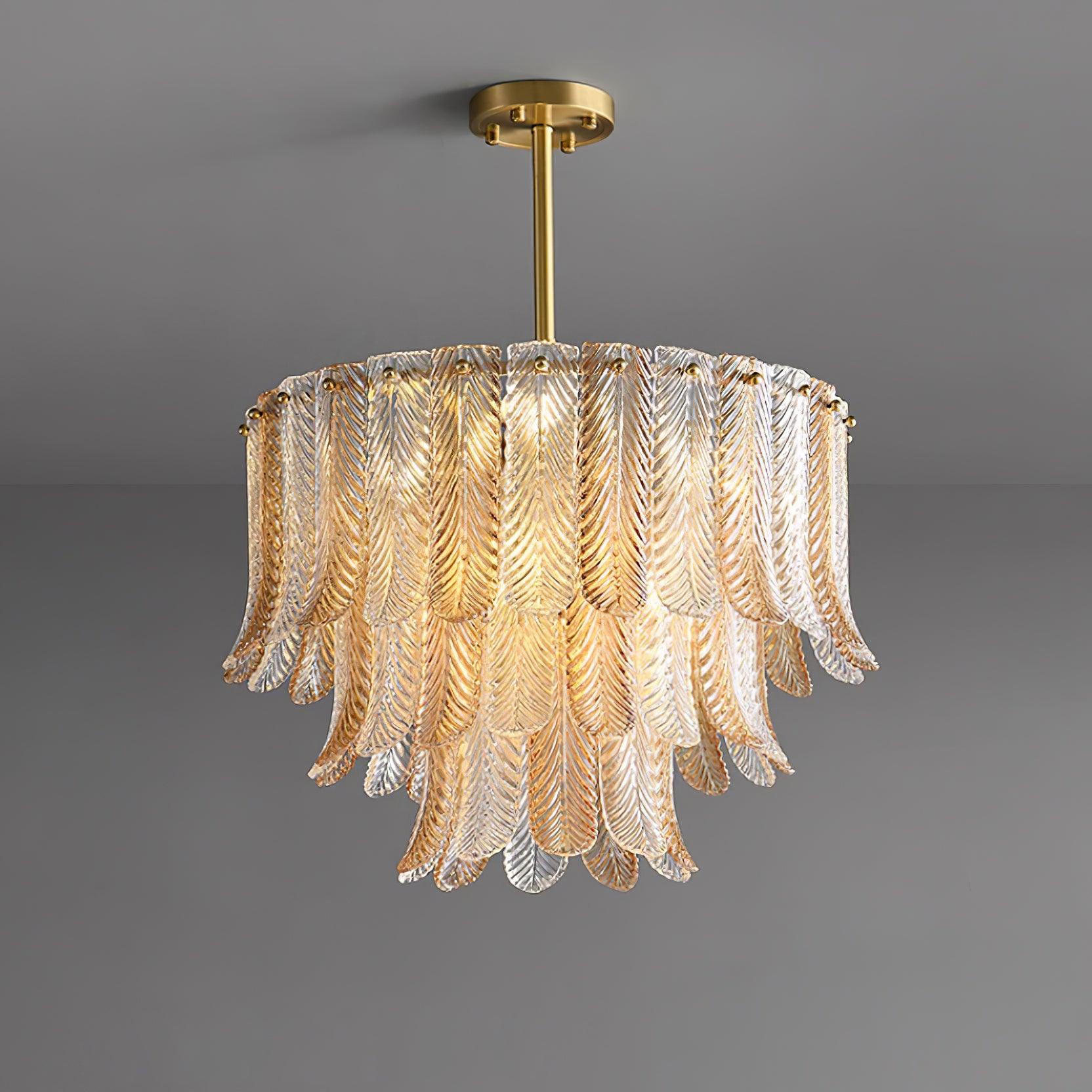 Tribeca Elegant Amber Glass Leaf Chandelier Modern Brass Ceiling Pendant Light