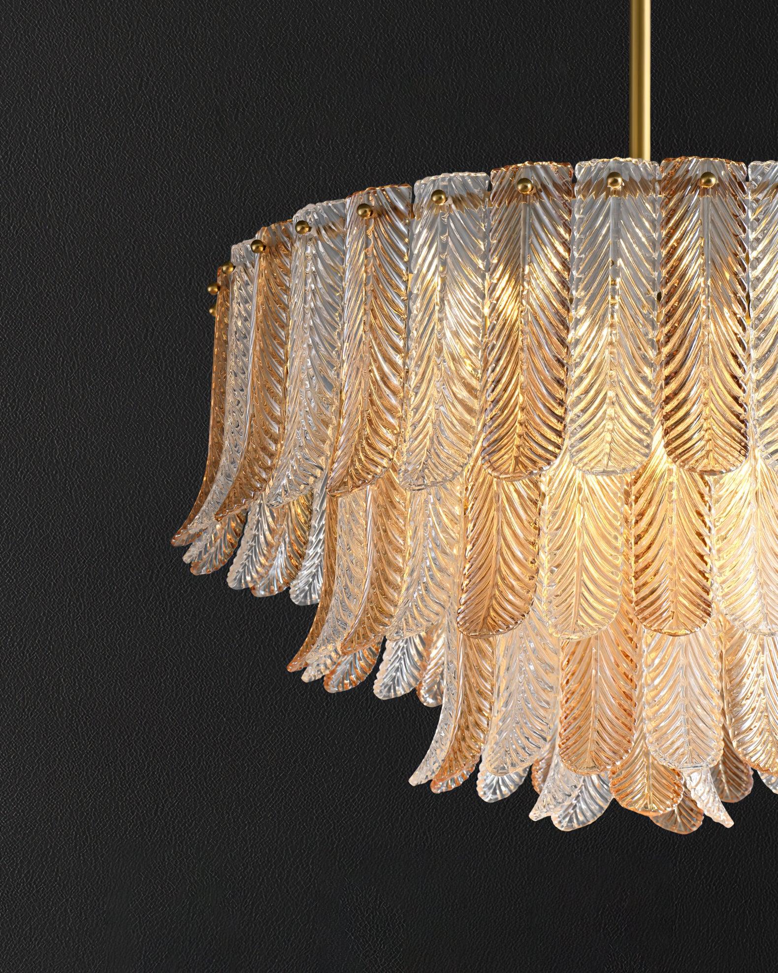 Tribeca Elegant Amber Glass Leaf Chandelier Modern Brass Ceiling Pendant Light