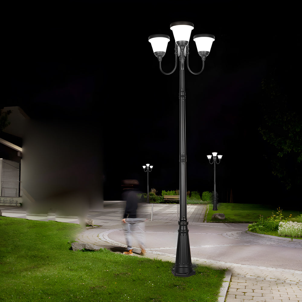 Triple Head Solar Powered Outdoor Street Lamp with Traditional Black Aluminum Post for Garden and Pathway