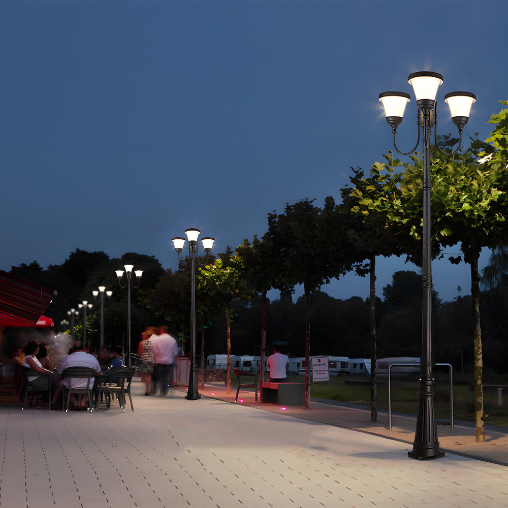 Triple Head Solar Powered Outdoor Street Lamp with Traditional Black Aluminum Post for Garden and Pathway