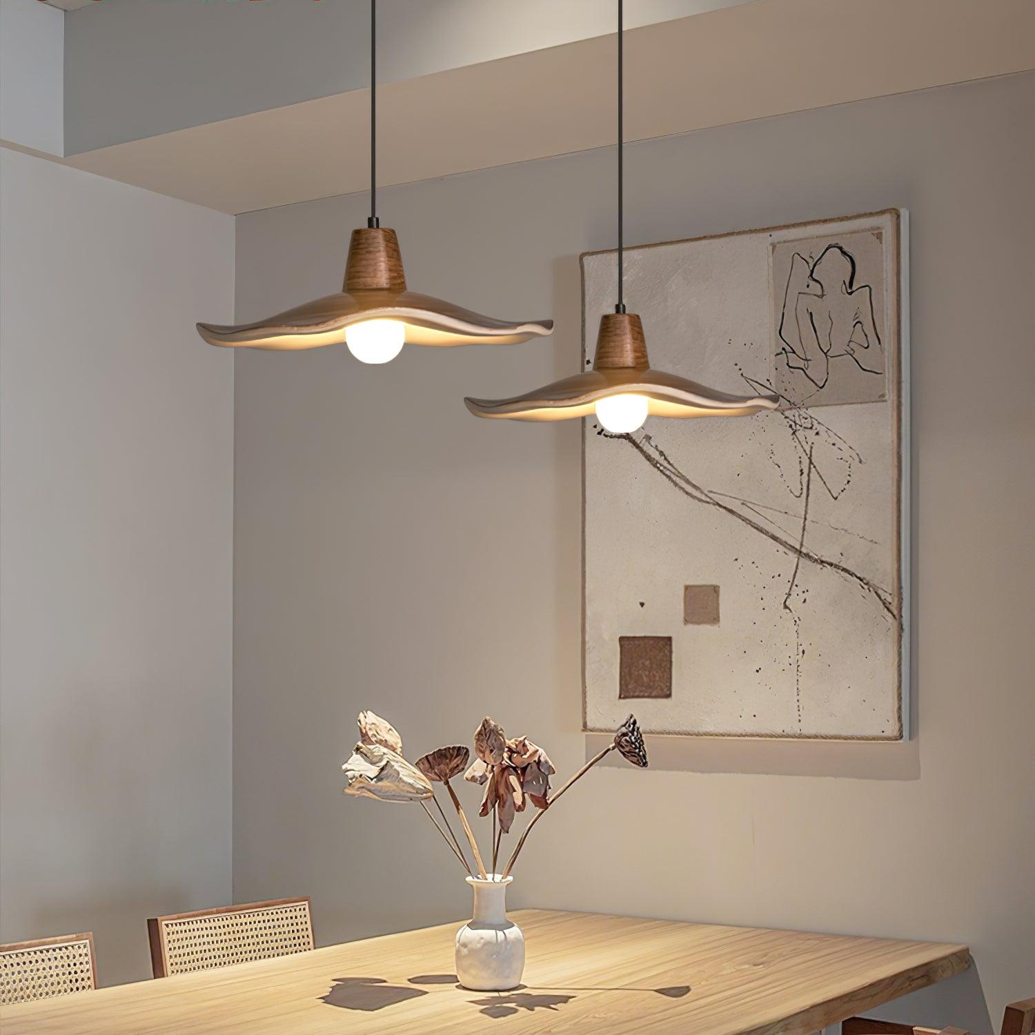 Tropez Modern Organic Sun Hat Pendant Light with Walnut Finish Resin Shade for Dining Areas