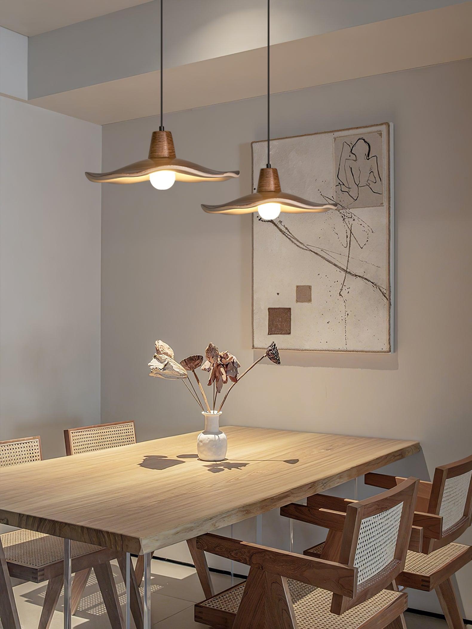 Tropez Modern Organic Sun Hat Pendant Light with Walnut Finish Resin Shade for Dining Areas